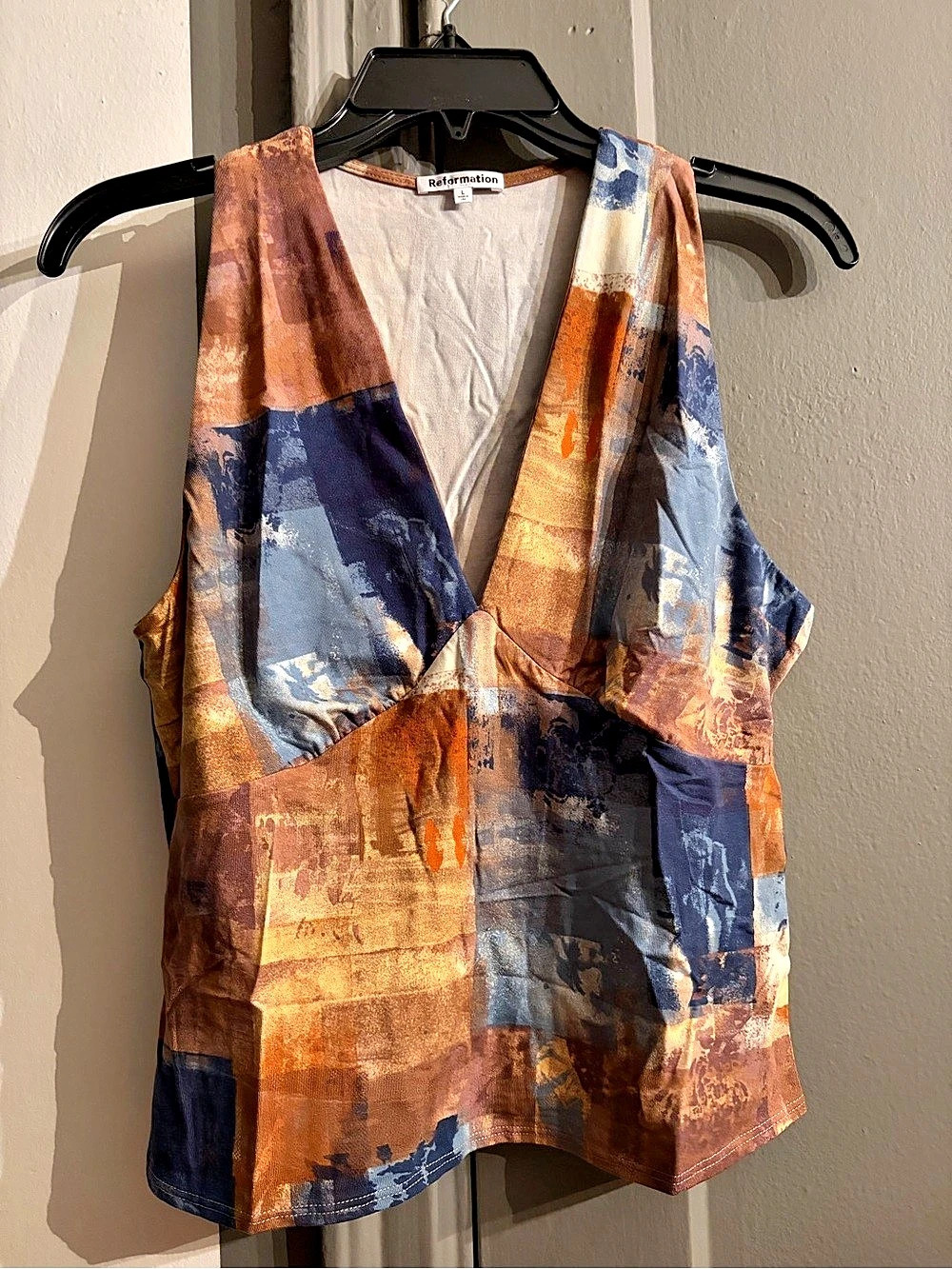 Reformation Abstract Sleeveless Blouse in Orange & Blue Size L